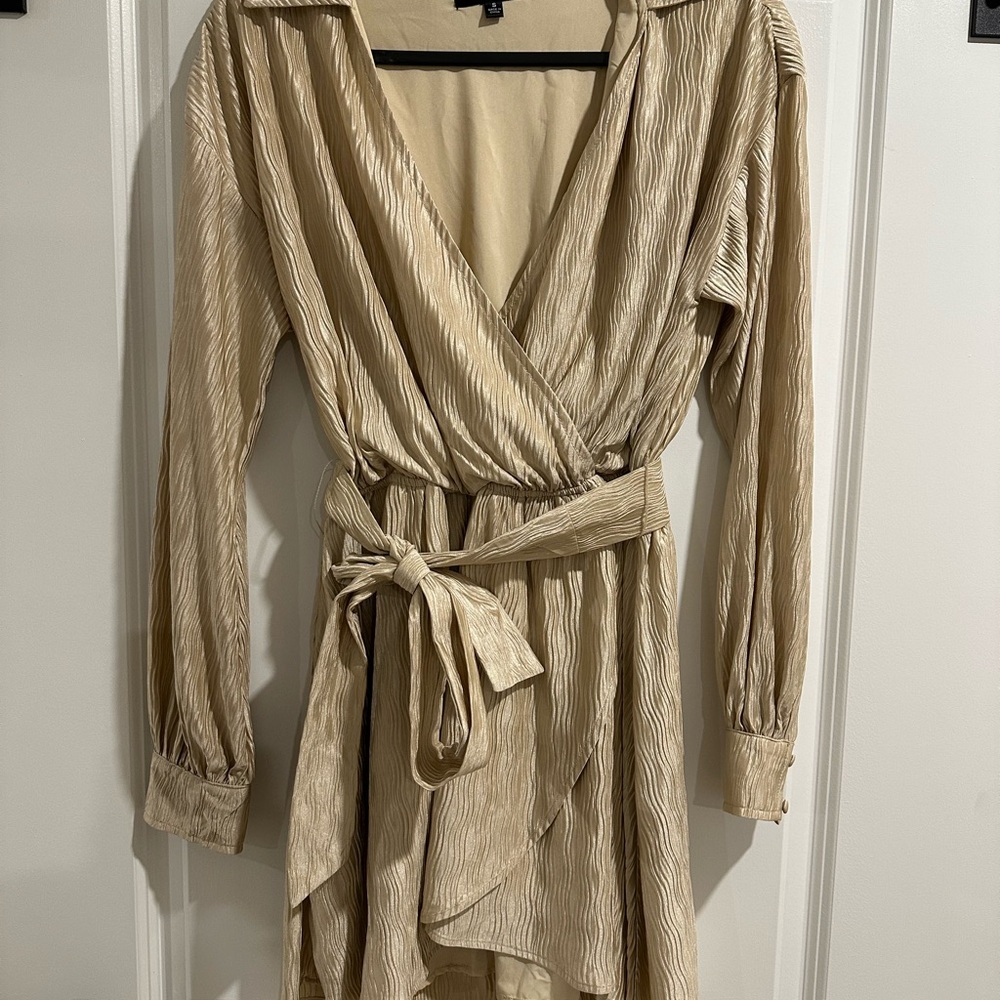 Blue Blush Tan Gold Long Sleeve Wrap Dress